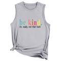 Detail of grey tank top with colorful Be Kind print and stylish side knot design - Light Gray