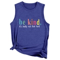 Detail of navy blue be kind slogan tank top with a stylish side knot design - Vintage Blue