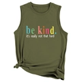 Detail of olive green Be Kind tank top with colorful text and stylish front hem knot - Army Green