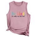 Detail of mauve sleeveless tank top featuring 'be kind' print and side knot design - Rose Gold