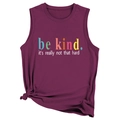 Detail of burgundy Be Kind graphic tank top featuring a stylish knotted hem and soft fabric - Fuschia