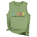Detail of fruit green sleeveless top featuring a be kind slogan and chic side knot design - Olive Green