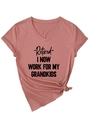 Detail of V-neck T-shirt in dusty pink featuring a side knot and grandkids slogan print - Rose Gold-Black Font