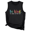 Women's black sleeveless muscle tank with Be Kind slogan and side knot detail - Black