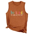 Detail of brown muscle tank top with be kind slogan and side knot hem decoration - Burnt Orange