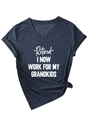 Detail of V-neck navy t-shirt with Retired I Now Work For My Grandkids text and front knot - Navy Blue