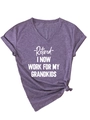Detail of purple V-neck T-shirt showing knotted hem and 'Retired' print on fabric - Purple-White Font
