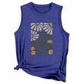 Detail of vintage floral print on navy sleeveless tank top with side knot design feature - S / Vintage Blue