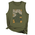 Detail of vintage yellow floral print on olive green sleeveless top with side knot - S / Army Green
