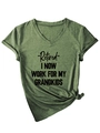 Close-up of V-neck green T-shirt with 'Retired I Now Work For My Grandkids' text and knot detail - Olive Green