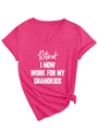 Close-up of rose red V-neck T-shirt featuring a front knot and printed retirement slogan - Rose Red