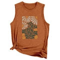 Detail view of terracotta sleeveless top with floral print and decorative side knot at the hem - S / Burnt Orange
