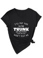 Close-up of white graphic text on black V-neck t-shirt with stylish knot at the hem - S / Black