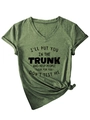 Detail of army green V-neck T-shirt showing letter print and front knot design - S / Olive Green
