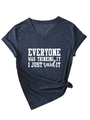 Détail du t-shirt chiné bleu foncé à col en V avec slogan et ourlet noué élégant - Bleu Marine (Police Blanche)