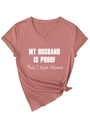 Detail of V-neck dusty rose T-shirt featuring side knot and funny printed slogan - Rose Gold (White Font)