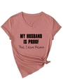 Detail of dusty rose V-neck T-shirt with 'MY HUSBAND IS PROOF' text and front hem knot - Rose Gold (Black Font)