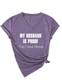 Detail of V-neck T-shirt with My Husband Is Proof slogan and front knot hem detail - Purple (White Font)