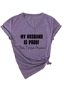 Detail of purple V-neck T-shirt showing text print and front knot design on cotton fabric - Purple (Black Font)