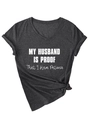 Detail of grey V-neck T-shirt with MY HUSBAND IS PROOF white slogan print - Black Heather Grey