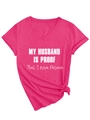 Detail of fuchsia V-neck t-shirt with knotted hem and humorous husband text print - Rose Red