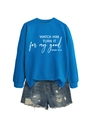 Detail of royal blue crewneck sweatshirt with white Genesis 50:20 bible verse print - Lake Blue (White Font)