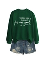 Detail view of dark green crewneck sweatshirt with white religious text and denim shorts - Dark Green (White Font)