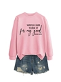 Detail of pink crewneck sweatshirt with slogan and distressed denim shorts outfit - Pink (Black Print)