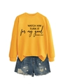 Detailed flat lay of a yellow crewneck sweatshirt and distressed blue denim shorts - Yellow (Black Font)