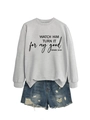 Detail of grey crewneck sweatshirt with 'WATCH HIM TURN IT' print and denim shorts - Grey (Black Font)
