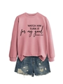 Detail of pink crewneck sweatshirt with Bible quote and distressed denim shorts set - Rose Gold (Black Font)