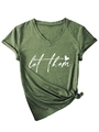 Close-up of V-neck army green T-shirt with white let them print and front hem knot - Olive Green - White Font (3812)