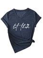 Detail of navy V-neck T-shirt with 'let them' print and stylish knotted hem design - Navy Blue - White Font (3812)