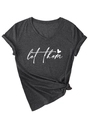 Detail of V-neck T-shirt showing let them text print with rolled sleeves and side knot - Heather Grey - White Font (3812)