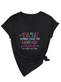 Détail d'un t-shirt noir à col en V avec imprimé artistique et nœud élégant à la taille - S / Style Imprimé à Col en V Noué / Noir