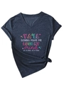 Détail du t-shirt col V avec ourlet noué et manches courtes à revers stylés - S / Style Imprimé à Col en V Noué / Bleu Marine