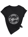 Détail du t-shirt noir à col en V avec imprimé slogan et finition nouée à la taille - Noir (Lettres Blanches)