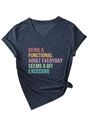Detail of V-neck T-shirt showing colorful Being A Functional Adult slogan and side knot - S / Navy Blue