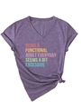 Detail of purple V-neck T-shirt with colorful slogan print and stylish front hem knot - S / Purple