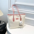 Grand sac cabas pied-de-poule crème et rose avec charm en peluche pour le quotidien - Avec Pendentif / Rose
