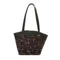 Vintage-Eimertasche mit Leopardenmuster, dunkelgrünem Lederbesatz und Doppelgriffen - Grün
