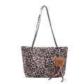 Large leopard print tote bag with metal chain strap and cute brown plush bear charm - With Pendant / Khaki