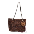 Retro oversized leopard print tote bag with gold chain strap and plush bear charm - With Pendant / Brown