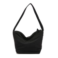 Minimalist black pleated cloud bag with wide shoulder strap and zip closure on white background - Black