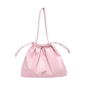 Minimalist pink pleated drawstring bucket bag with silver bow detail for women - Pink