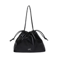 Large black pleated drawstring bucket bag with silver bow accent and glossy leather finish - Black