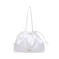 White faux leather drawstring shoulder bag with silver metal bow accent for women - White