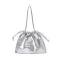 Silver metallic pleated bucket bag with drawstring closure and bow detail on white background - Silver