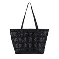Modern black quilted tote bag with golden rivets and shiny nylon finish for winter style - Black