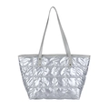Silver quilted tote bag with square stitching and thin grey shoulder straps - Silver